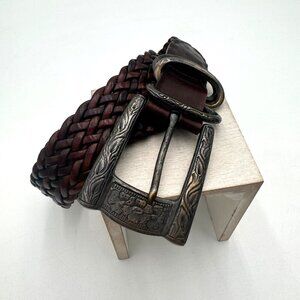 Jennifer Graham 8418 Leather Braided Belt Silver tone metal Buckle Brown Woman’s